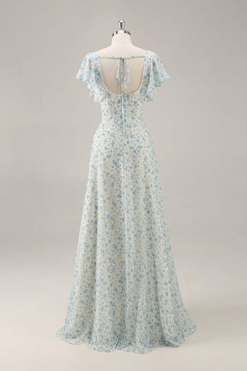 A-Line Square Neck Blue Flower Long Bridesmaid Dress with Slit